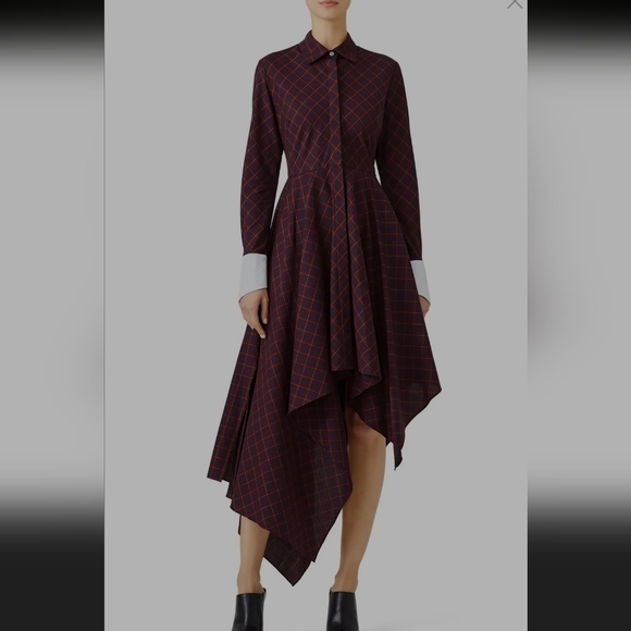 Petersyn Sutton Tartan Red Plaid Cotton Asymmetric A-line Midi Dress Size Small - Picture 13 of 15